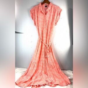 Ann Taylor Factory 16 Bright Peach Floral Sketch Belted Button Down Midi Dress